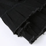 MQTIME  -  Women's Gothic Harajuku  Lace Up A-Line Ruffle Denim Skirt Black Asymmetric Layered Pleated Mini Skirt Y2K Punk Style Streetwear