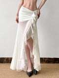 MQTIME  -  Vacation Mesh See Through Long Skirts Sexy Summer Ruffle Split Pleated Wrap Skirt Elegant Fashion Women's Clothing 2025