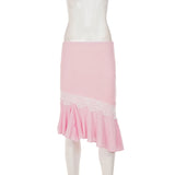  MQTIME  -  Women Pink Mesh Patchwork Midi Skirt Lace Trim Asymmetrical Hem Low Waist Elegant A Line Flowing Summer Beach Party Skirt Ladies