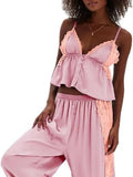 MQTIME  -  Women's Solid Satin Pajama Set V-Neck Lace Cami Top Elastic Waistband Lace Trim Pants Women's Sleepwear Loungewear