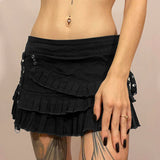  MQTIME  -  Women's Gothic Harajuku  Lace Up A-Line Ruffle Denim Skirt Black Asymmetric Layered Pleated Mini Skirt Y2K Punk Style Streetwear
