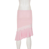  MQTIME  -  Women Pink Mesh Patchwork Midi Skirt Lace Trim Asymmetrical Hem Low Waist Elegant A Line Flowing Summer Beach Party Skirt Ladies