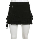  MQTIME  -  Women's Gothic Harajuku  Lace Up A-Line Ruffle Denim Skirt Black Asymmetric Layered Pleated Mini Skirt Y2K Punk Style Streetwear