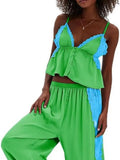 MQTIME  -  Women's Solid Satin Pajama Set V-Neck Lace Cami Top Elastic Waistband Lace Trim Pants Women's Sleepwear Loungewear