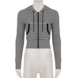  MQTIME  -  Women's Striped Crop Hoodie Zip Up Long Sleeve Casual Slim Fit Y2K Streetwear Hooded Sweatshirt Top with Drawstring Autumn