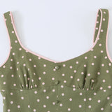  MQTIME  -  Women Polka Dot Cami Dress Summer Vintage Green Slip Midi Dresses French Style Button Up Split Elegant Beach Long Sun Dress