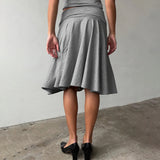  MQTIME  -  Women Elegant Grey Midi Skirt High Waist Elastic Waistband A-Line Pleated Flowy Pockets Skirts Casual Solid Soft Stretch Fabric