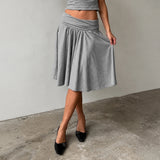  MQTIME  -  Women Elegant Grey Midi Skirt High Waist Elastic Waistband A-Line Pleated Flowy Pockets Skirts Casual Solid Soft Stretch Fabric