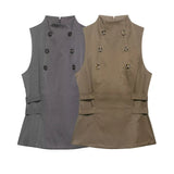  MQTIME  -  French Vintage Double Breasted Vest Women Elegant High Neck Sleeveless Jacket Chic Khaki Grey Slim Waistcoat Office Lady Tops 20