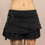  MQTIME  -  Women's Gothic Harajuku  Lace Up A-Line Ruffle Denim Skirt Black Asymmetric Layered Pleated Mini Skirt Y2K Punk Style Streetwear