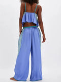 MQTIME  -  Women's Solid Satin Pajama Set V-Neck Lace Cami Top Elastic Waistband Lace Trim Pants Women's Sleepwear Loungewear