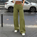  MQTIME  -  Women Mid Waist Wide Leg Pants Olive Green Cargo Style Loose Straight Leg Trousers Casual Streetwear Fashion Long Pants New