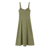  MQTIME  -  Women Polka Dot Cami Dress Summer Vintage Green Slip Midi Dresses French Style Button Up Split Elegant Beach Long Sun Dress