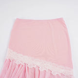  MQTIME  -  Women Pink Mesh Patchwork Midi Skirt Lace Trim Asymmetrical Hem Low Waist Elegant A Line Flowing Summer Beach Party Skirt Ladies