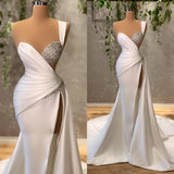 MQTIME  -  One Shoulder Mermaid Prom Dresses Beading Side Split Elegant Women Gowns Sweep Train Satin Formal Evening Dress