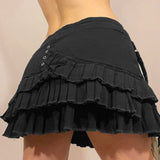  MQTIME  -  Women's Gothic Harajuku  Lace Up A-Line Ruffle Denim Skirt Black Asymmetric Layered Pleated Mini Skirt Y2K Punk Style Streetwear