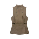  MQTIME  -  French Vintage Double Breasted Vest Women Elegant High Neck Sleeveless Jacket Chic Khaki Grey Slim Waistcoat Office Lady Tops 20