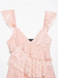 MQTIME  -  Women Sexy Pink Lace Dress V Neck Ruffle Sleeveless Mini Dress Summer Layered Mesh Dress Party Night Clubwear Fairy Dress