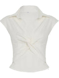 MQTIME  -  Women's Twist Design Sleeveless Crop Top with Side Zipper Turn-down Collar Blouse White Shirts Y2K Style Summer Fashion