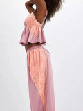 MQTIME  -  Women's Solid Satin Pajama Set V-Neck Lace Cami Top Elastic Waistband Lace Trim Pants Women's Sleepwear Loungewear