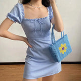 MQTIME  -  Little Fresh Pleated Blue White Plaid Bubble Sleeve Square Neck Short Sleeve A-line Dress