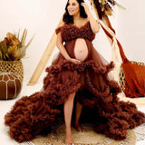 MQTIME  -  Brown Puffy Tiered Ruffles Maternity Dress Sheer Long Women Maternity Dressing Gowns for Photoshoot Pregnancy Tulle Robes