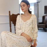 Mqtime Spring Full Sleeves Printed Nightgowns Princess Vintage Long Mid-Calf Home Dress Girls Sweet Floral Nightie Bow Sleepwear