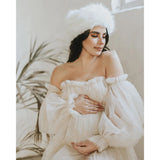 Mqtime Gorgeous Off the Shoulder Maternity Tulle Dress for Photography Long Sleeves Puffy Tulle Women Maternity Dresses Photo Shoot