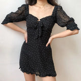 MQTIME  -  French Minority Retro Sexy Square Neck Bubble Sleeve Mesh Short Sleeve Polka Dot Dress Skirt