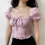 MQTIME  -  Pink Plaid Cute Bow Top Women's Collar Bubble Sleeve Ruffle Shirt