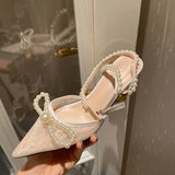 Mqtime European and American New Mesh Pearl Baotou Thin Heeled Sandals Pointed Bow High Heels Women
