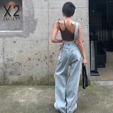 MQTIME  -  Casual Wide Leg Denim Overalls Rompers Women Straight Ripped Hole Mom Jeans Jumpsuit High Waist Loose Big Size Straps Baggy Pant