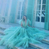 Mqtime Pretty Sage Green Puffy Tulle Dress Ball Gown Prom Party Dresses Ruffled Long Photo Shoot Dress Photography Celebrity Gowns