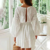 Mqtime Elegant V Neck Lace A-Line White Dresses For Women  Long Sleeve High Waist Lace Up Party Mini Dress Sweet Vestidos