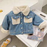 MQTIME  -  Baby Boys Girls Thick Warm Denim Jacket Winter Turndown Collar Pocket Fleece Lining Kids Fashion Autumn Clothes Outerwear Tops