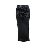 Mqtime Skinny Faux Leather Split Midi Skirt Women Sexy Black White Long Skirt Club Y2K High Waisted Bodycon PU Streetwear Spring Autumn