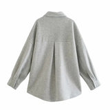 Mqtime Women Casual Warm Oversize Shirt Autumn Winter Solid Gray Beige Pink Big Pocket Coat Turn-Down Collar Jacket Streetwear