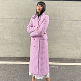 MQTIME  -  Winter  Fashion Designer Overcoat Women's Slim Fitting Double Breasted Pink Houndstooth Tweed Wool Long Coat