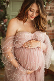 MQTIME  -  Romantic Pink Maternity Dresses For Babyshower Sweetheart Pearl Tulle Maternity Gown Photography Pregnancy Women Long Dress