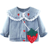 MQTIME  -  Cute Baby Girls Denim Jacket New Kids Spring Autumn Lace Collar Princess Jacket Coat With Strawberry Bag Children Outerwear