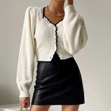 Mqtime Fashion Sexy Square Neck Patchwork White Cardigan Women Autumn Long Sleeve Slim Vintage Women Cardigan Sweater Cropped Tops