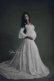MQTIME  -  ﻿ Ginger Lace Maternity Dresses For Photo Shoot Pregnancy Women Dress For Photography Long Tail Baby Shower Dress Flare Sleeve