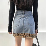 Mqtime  Mini Jean Skirt Women Leopard Stitching Y2k Skirt  Fall Fashion High Waist Pockets Streetwear Sexy Skirts for Women