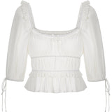 MQTIME  -  Retro Style Low Collar Lace Edge Bow Lantern Sleeve Pleated Top