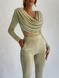 Mqtime Glitter Draping Long Sleeve Top and Pants Two Piece Set  New Arrival Green 2 PIece Set  Women Autumn Sexy Club Party Outfits