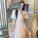 Mqtime Women Princess Dress Summer New French Sweet Fairy V-neck Waist Puff Sleeve Slim Long Dress Female