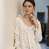 Mqtime Spring Full Sleeves Printed Nightgowns Princess Vintage Long Mid-Calf Home Dress Girls Sweet Floral Nightie Bow Sleepwear