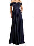 MQTIME  -  Dark Navy Bridesmaid Dress Satin Strapless Zipper Back Floor Length Wedding Party Gowns with Side Pockets