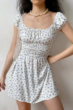 MQTIME  -  French Retro Idyllic Fresh Floral One Line Neckline Stretch Wrap Chest Short Sleeve Dress