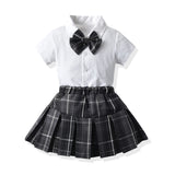 MQTIME  -  Kids Girls Clothing Sets Summer New Style Children Casual Short Sleeve Bowtie Shirt Tops+Plaid Tutu Dress 2Pcs Cloth